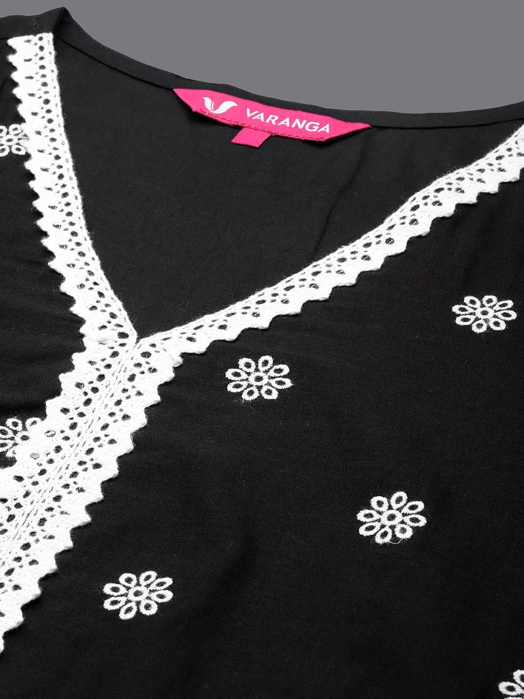 Dhiyona VA Women'sFloral Embroidered V-Neck Pure Cotton Straight Kurta with Trousers & Dupatta