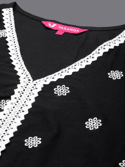 Dhiyona VA Women'sFloral Embroidered V-Neck Pure Cotton Straight Kurta with Trousers & Dupatta