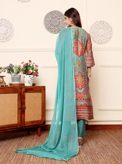Dhiyona VA Women'sEthnic Motifs Printed Chanderi Silk Kurta With Trousers And Dupatta