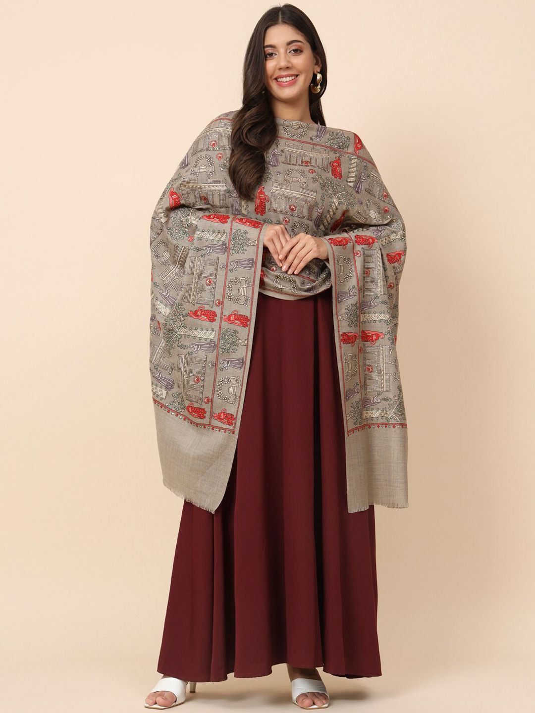 Dhiyona PA Ethnic Motifs Embroidered Woolen Shawl