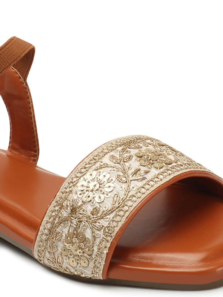Dhiyona AK Tan Brown & Gold-Toned Embroidered Open Toe Flats