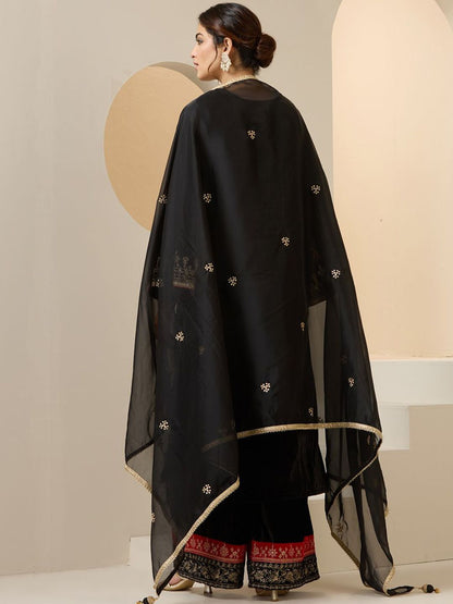 Dhiyona IS Women's Women Floral Embroidered Regular Thread Work Velvet Kurta with Trousers & With Dupatta