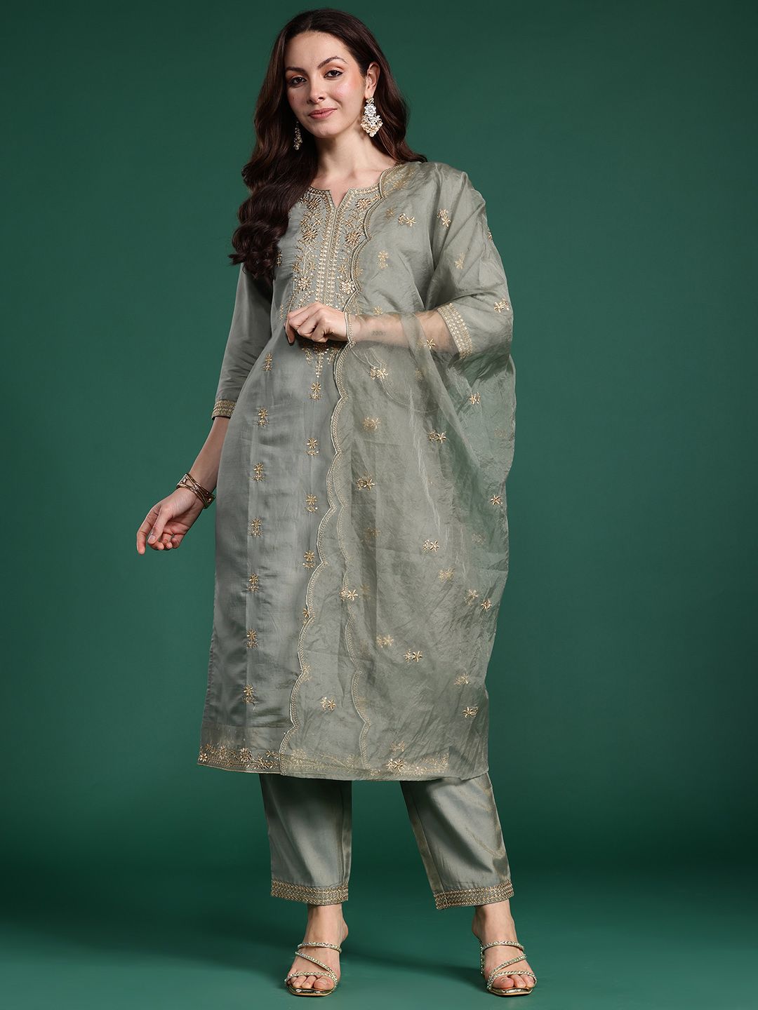 Women Ethnic Motifs Embroidered Regular Kurta with Trousers & With Dupatta
