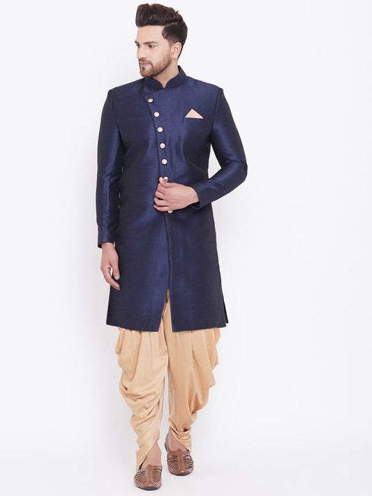 Men's Navy Blue Silk Blend Straight Sherwani Set