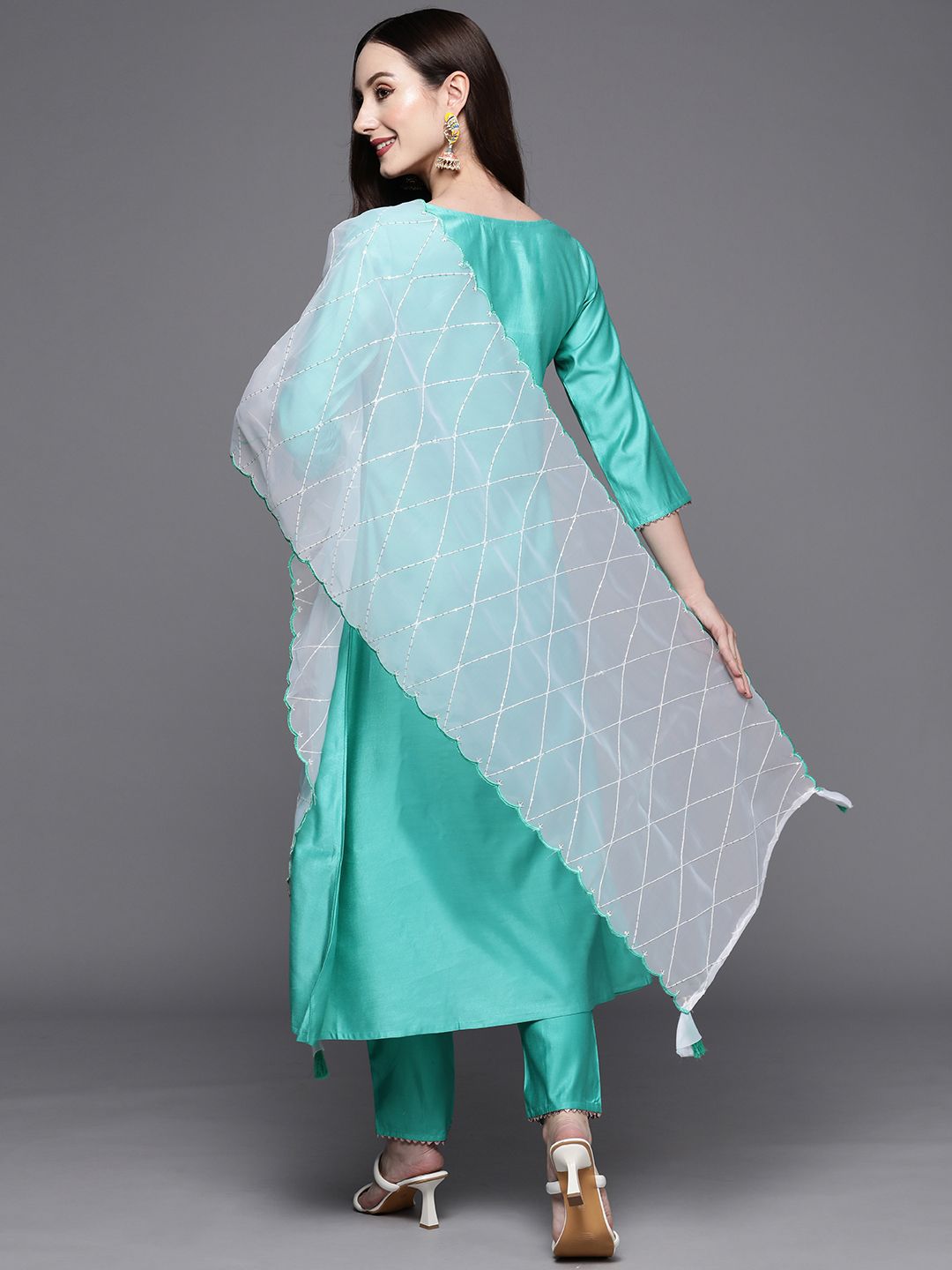 Women Sea Green Floral Embroidered Sequinned Liva Kurta with Trousers & Dupatta