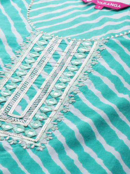 Dhiyona VA Women's Leheriya Striped Regular Gotta Patti Cotton Kurta with Trousers & Dupatta