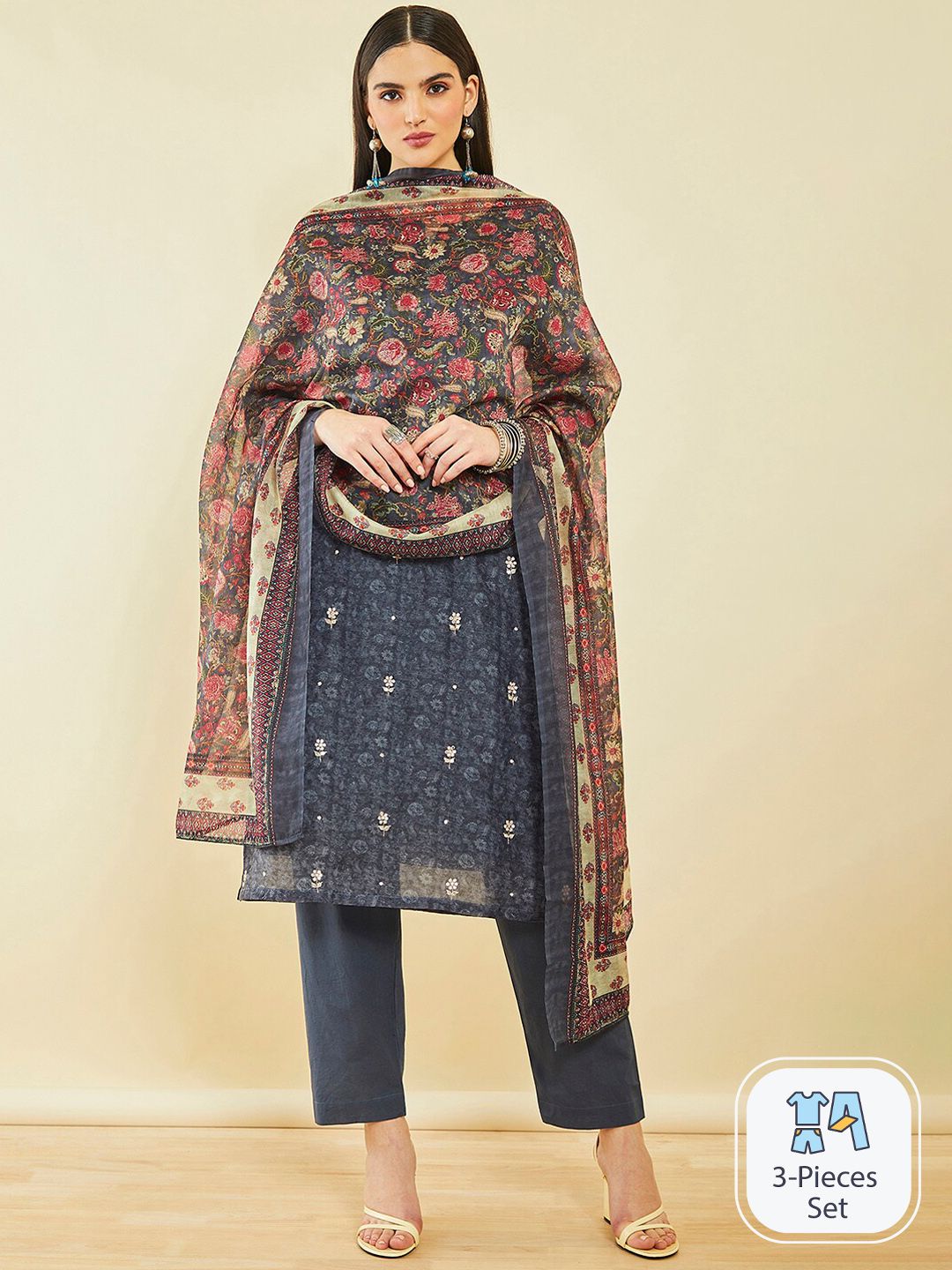 Dhiyona SO Women's Ethnic Motifs Printed Thread Work Chanderi Silk Kurta & Trousers With Dupatta