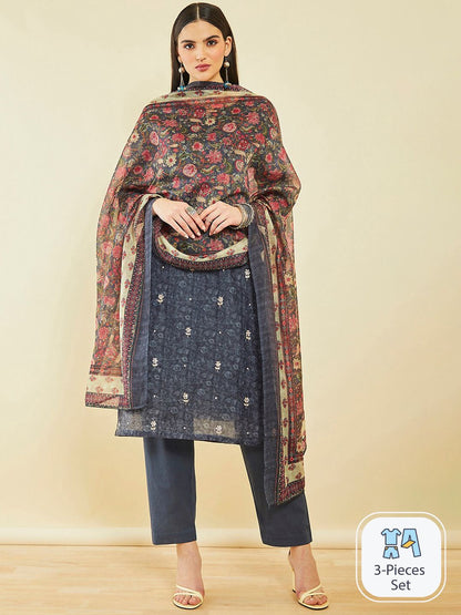 Dhiyona SO Women's Ethnic Motifs Printed Thread Work Chanderi Silk Kurta & Trousers With Dupatta