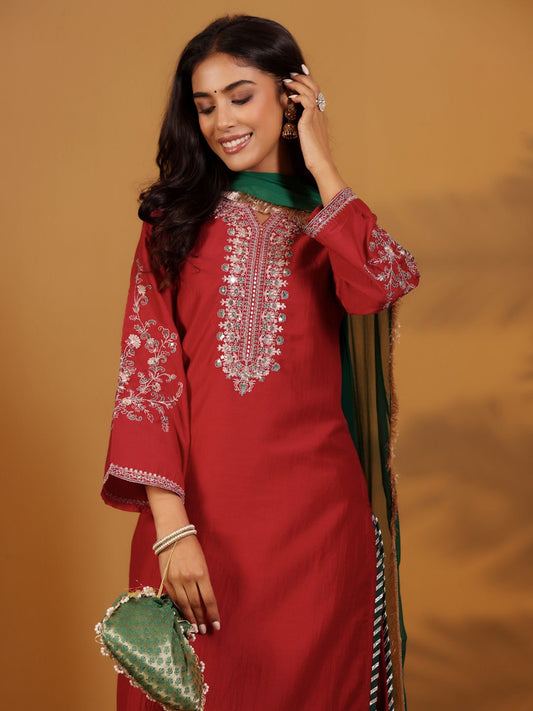 Dhiyona VA Women'sFloral Embroidered Sequnnied Notch Neck Straight Kurta With Trousers & Dupatta