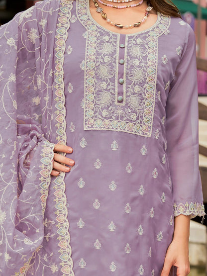 Dhiyona IE Floral Embroidered Round Neck Mirror Work Organza Kurta & Trouser & Dupatta