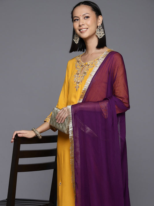 Dhiyona VA Women's Ethnic Motifs Embroidered Regular Gotta Patti Kurta with Trousers & Dupatta