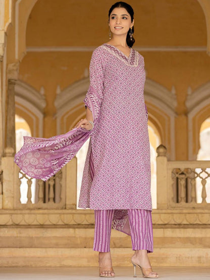 Dhiyona VA Women'sEthnic Motifs Printed Regular Straight Kurta with Trousers & Dupatta