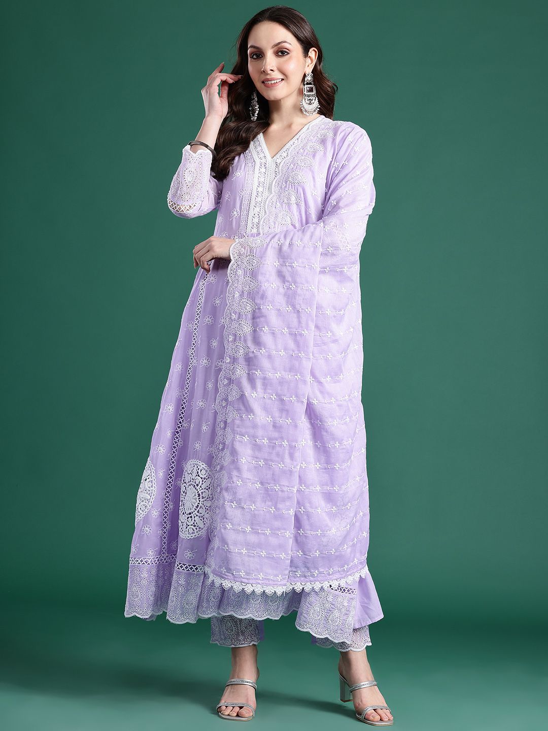 Ethnic Motifs Embroidered Thread Work Pure Cotton Kurta With Trousers & Dupatta
