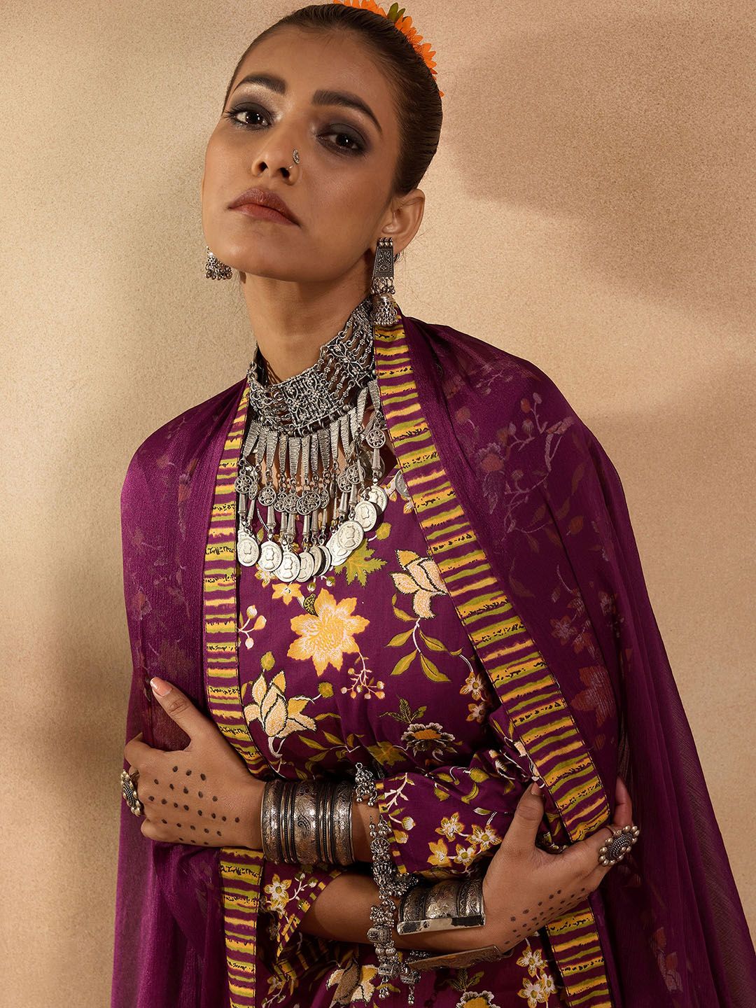 Dhiyona IE Floral Printed Round Neck Three-Quarter Sleeves Pure Cotton Kurta Set