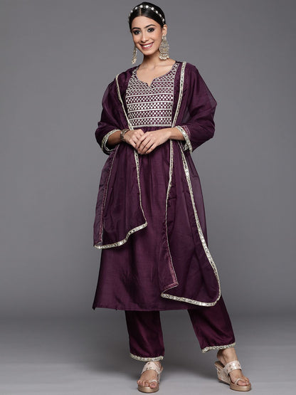 Women Purple Yoke Design Kurta with Trousers & Dupatta