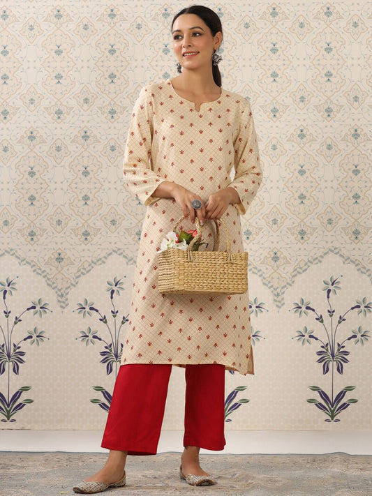 Dhiyona OD  Cream-Coloured & Red Printed Notched Neck Kurta With Palazzos