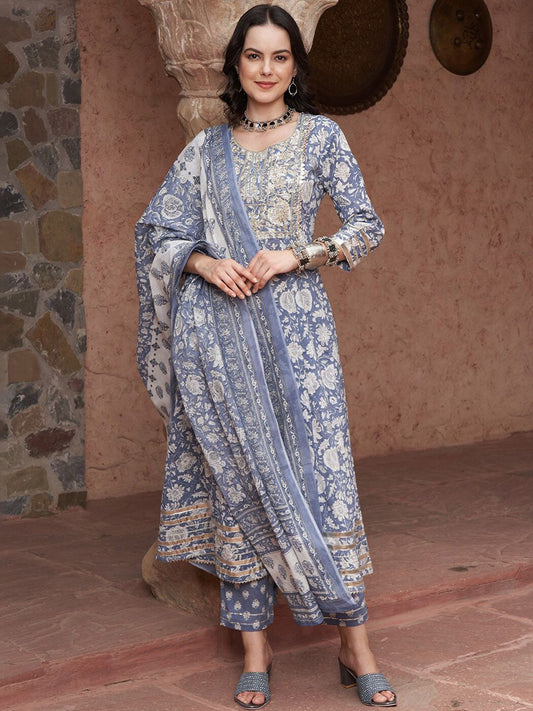 Dhiyona SN Women's Blue Printed Thread Work Pure Cotton Empire A-Line Kurta with Trousers & Dupatta