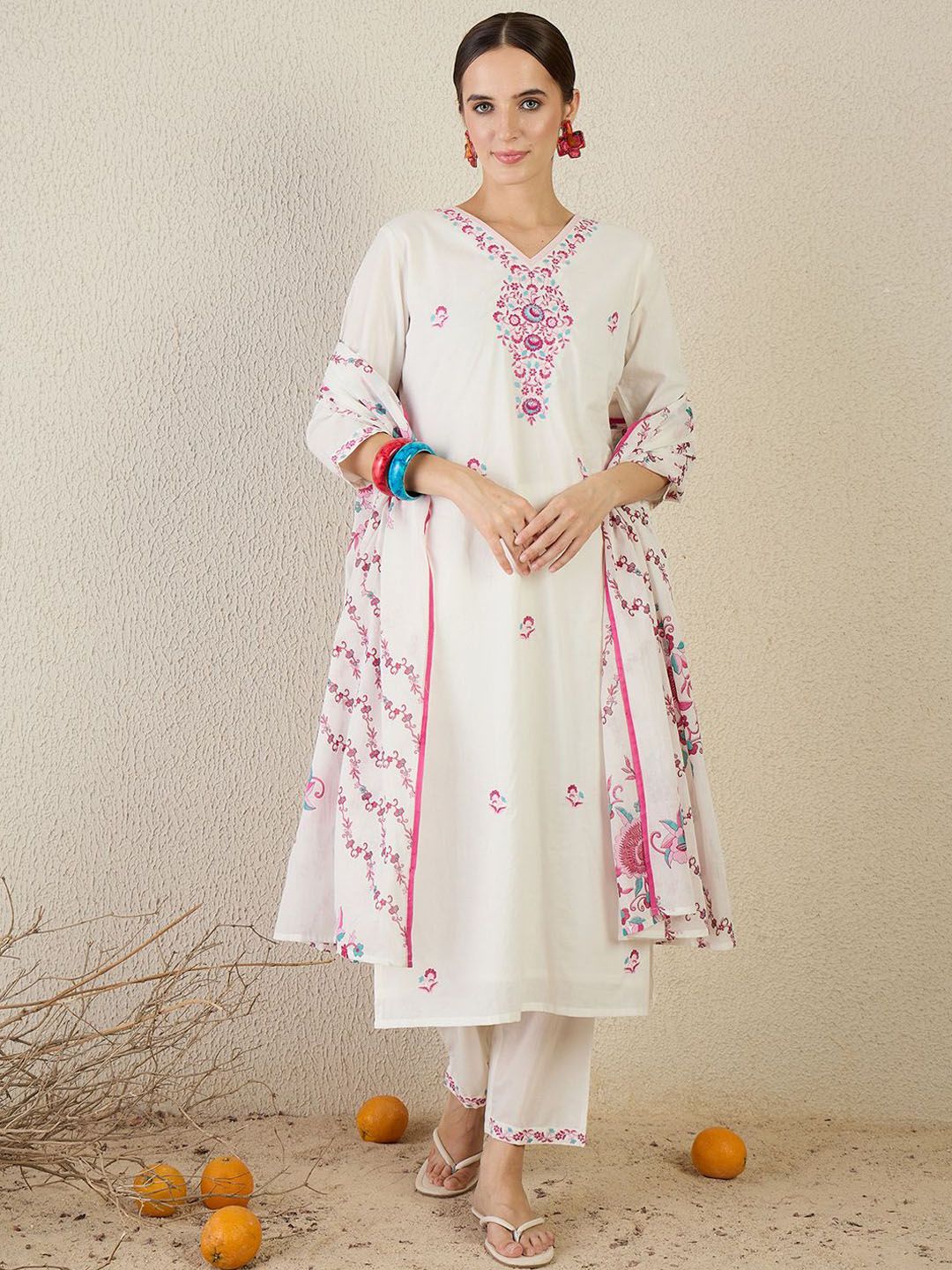 Women Floral Embroidered Regular Pure Cotton Kurta with Trousers & Dupatta