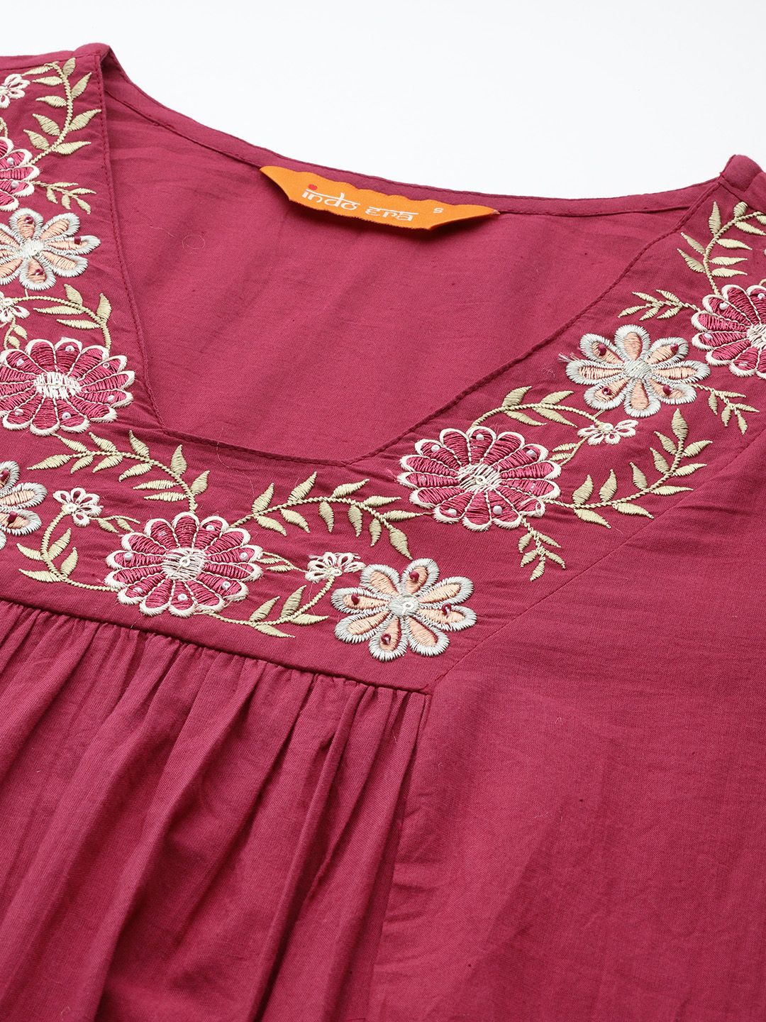 Floral Pleated Sequinned Pure Cotton Kurta with Trousers & With Dupatta