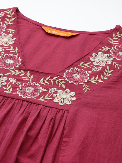 Floral Pleated Sequinned Pure Cotton Kurta with Trousers & With Dupatta