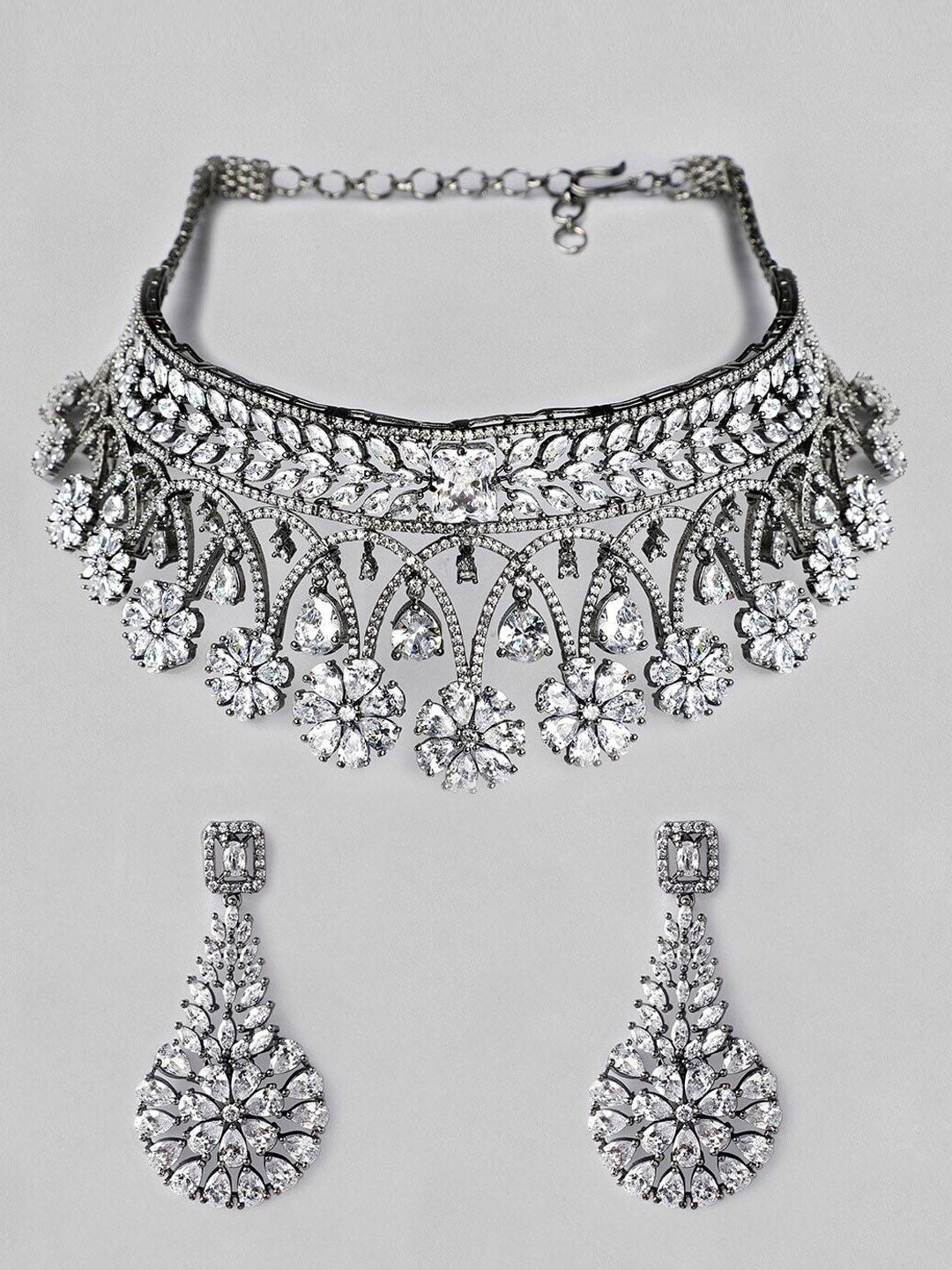 Dhiyona RJ Women's Silver-Plated Floral Design with AAA CZ Studded Jewellery Set