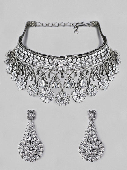 Dhiyona RJ Women's Silver-Plated Floral Design with AAA CZ Studded Jewellery Set