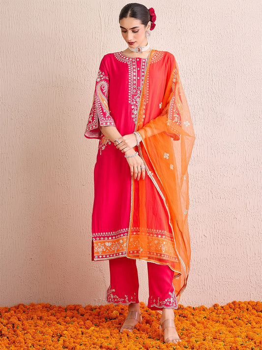 Ethnic Motifs Zari Embroidered Kurta With Trousers & Dupatta