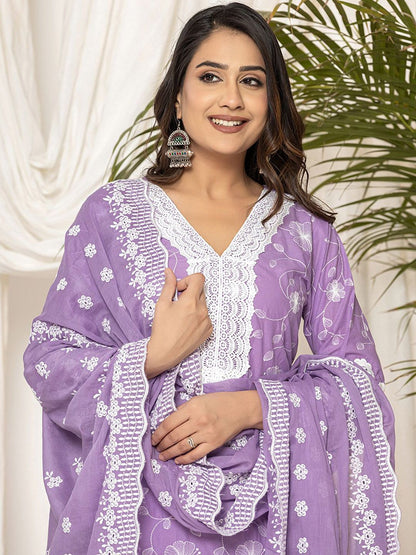 Dhiyona IE Women Ethnic Motifs Embroidered Pure Cotton Kurta Trousers & Dupatta