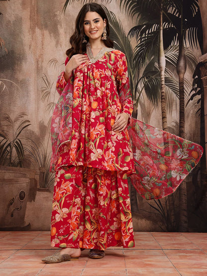 Dhiyona SN Women's Floral Print Empire Kurta with Sharara & Dupatta