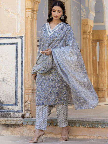 Dhiyona VA Women'sPaisley Printed Regular Thread Work Kurta with Trousers & With Dupatta