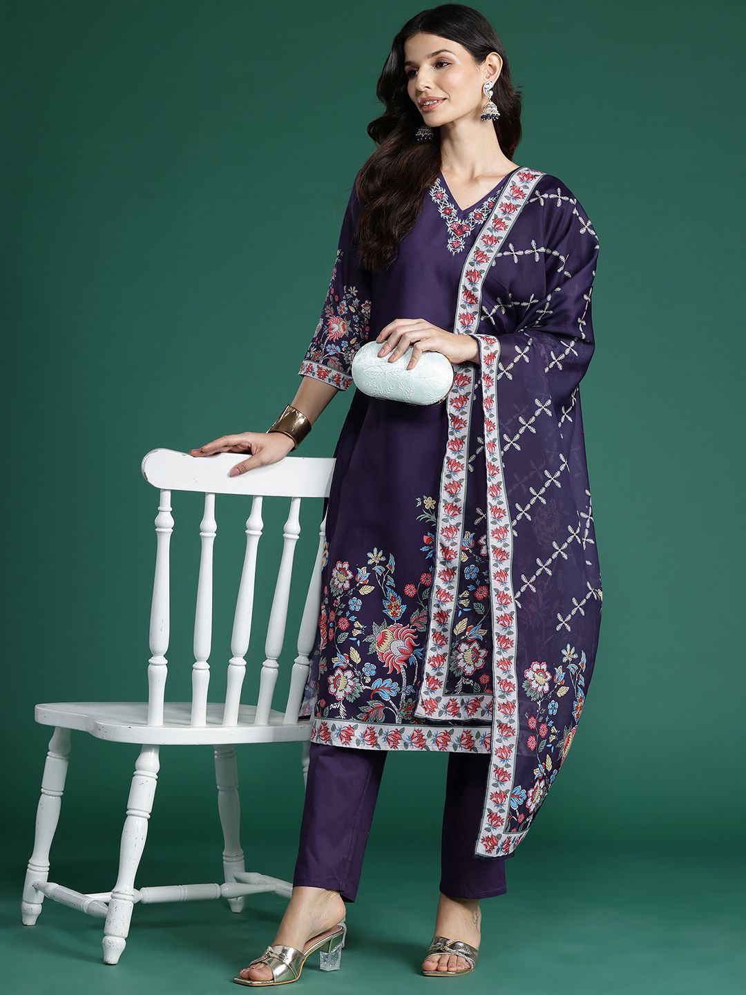 Floral Printed Thread Work Kurta With Trousers & Dupatta