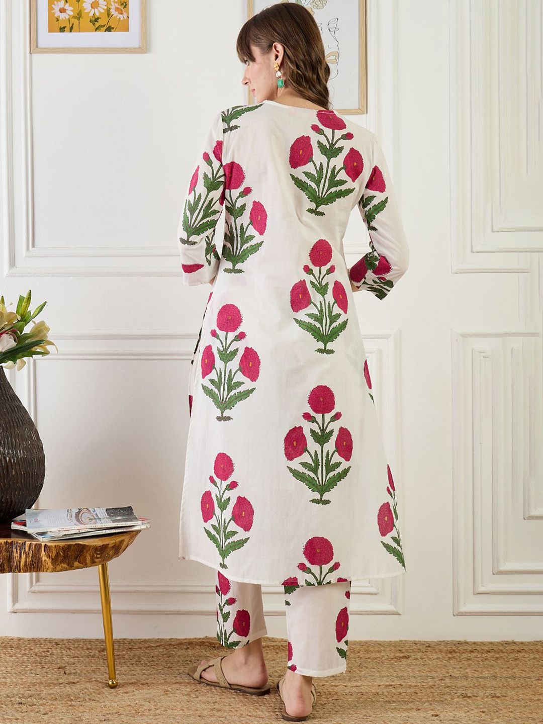 Dhiyona IE Printed Cotton V Neck Top With Trousers Co-Ords