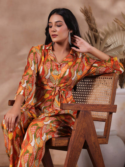 Dhiyona IS Women's Ethnic Printed Shirt Collar A-Line Kurta With Trouser