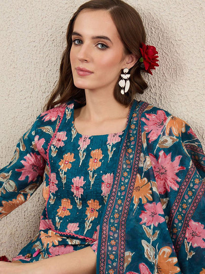 Women Floral Printed Cotton Kurta with Trousers & Dupatta
