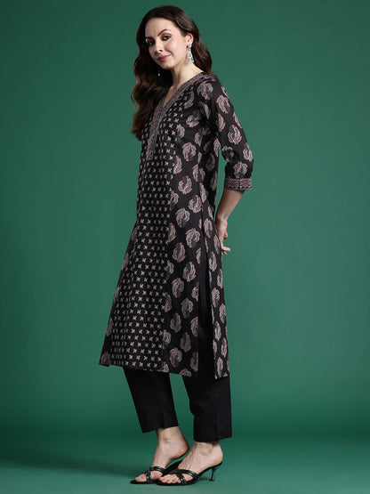 Dhiyona IE Ethnic Motifs Printed Panelled Pure Cotton Kurta with Trousers & Dupatta