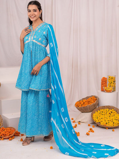 Dhiyona IS Women's Leheriya A-line Side Tie-Up Cotton Kurta with Sharara and Tie and Dye Dupatta