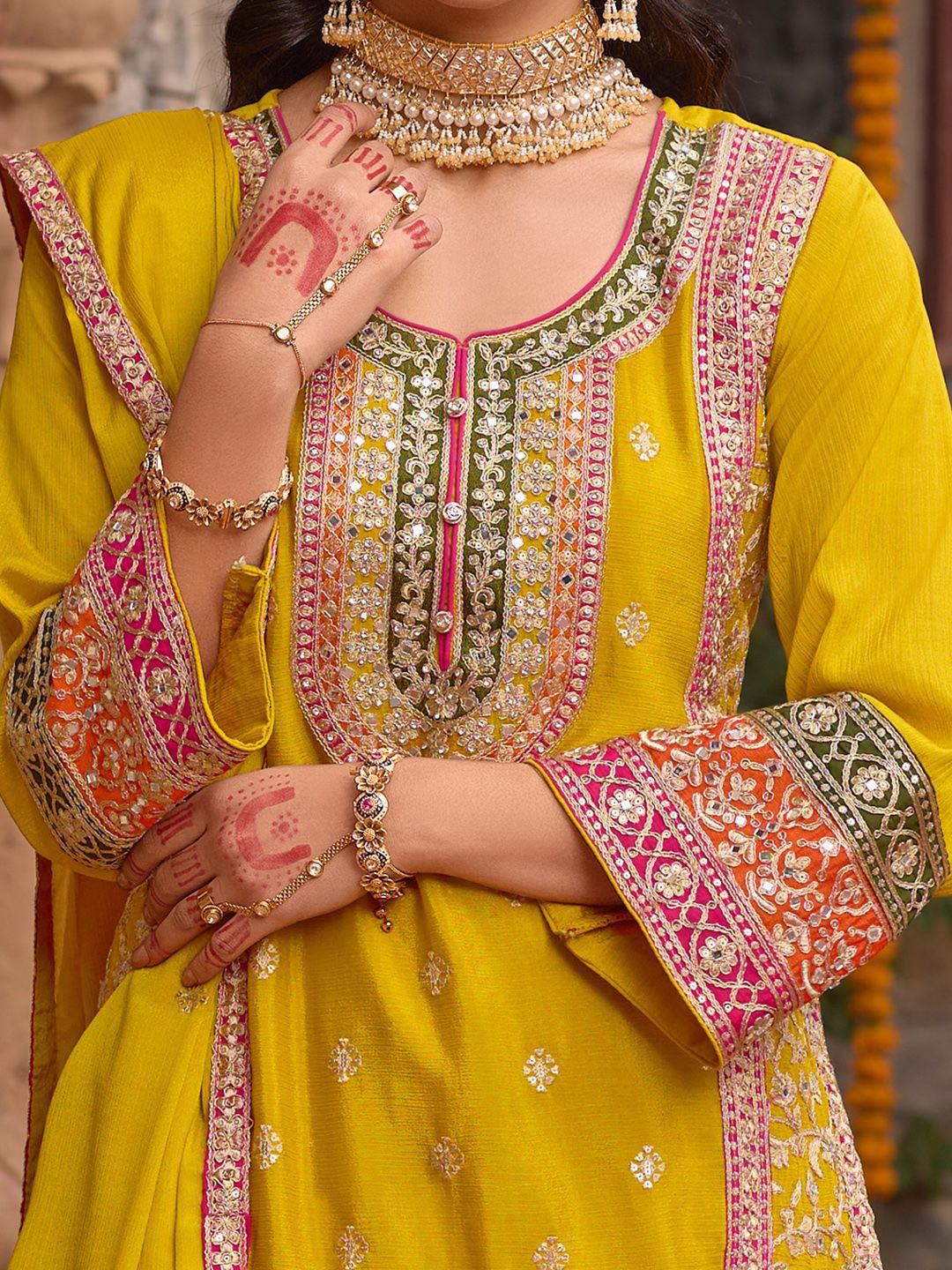 Dhiyona IE Embroidered Sequinned Kurti With Sharara & Dupatta