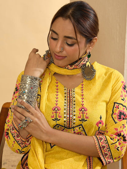 Dhiyona IE Ethnic Motifs Printed V-Neck Pure Cotton Straight Kurta With Trousers & Dupatta
