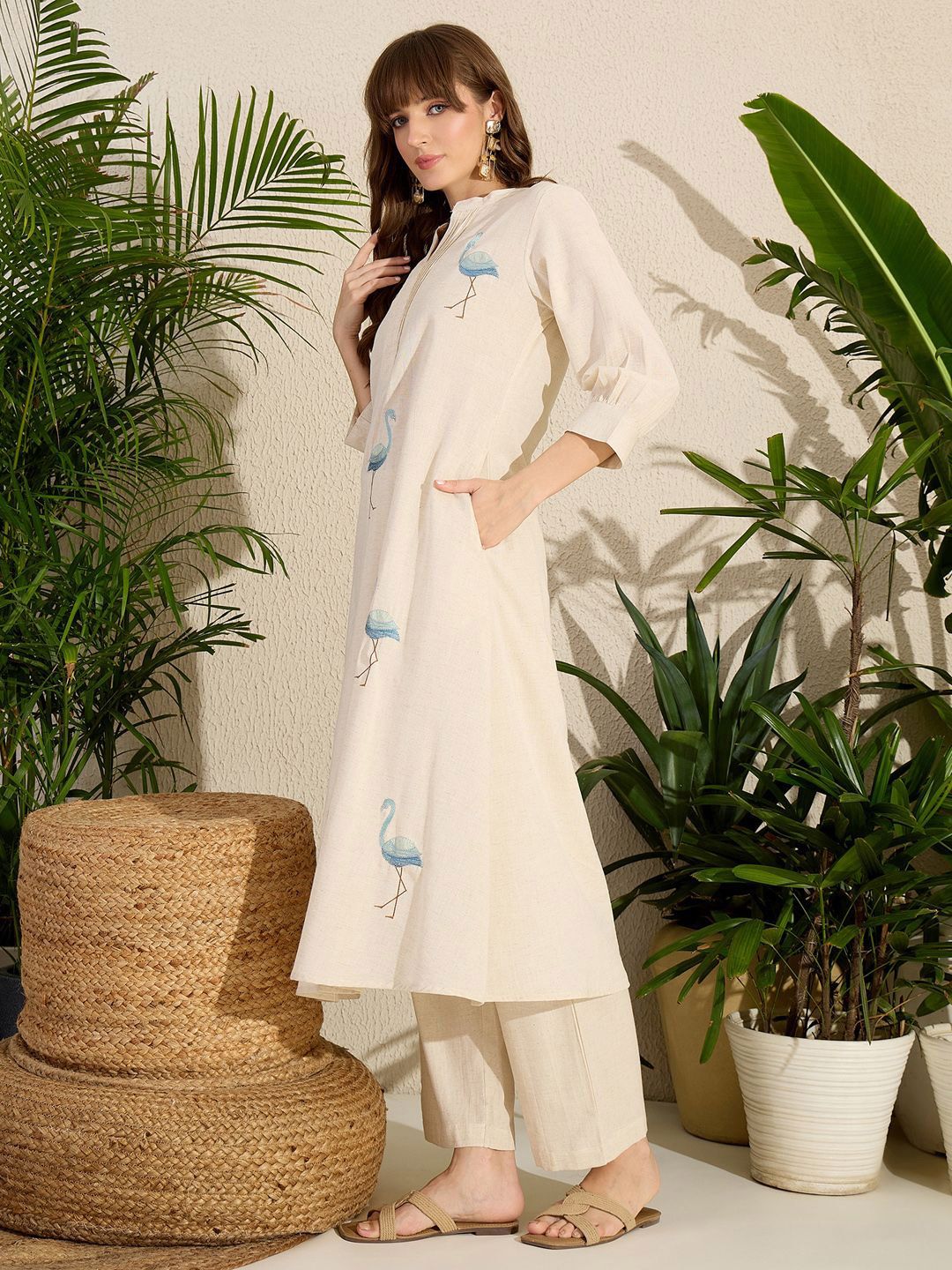 Adults-Women Woven Design Embroidered Cotton A-Line Kurta with Trousers