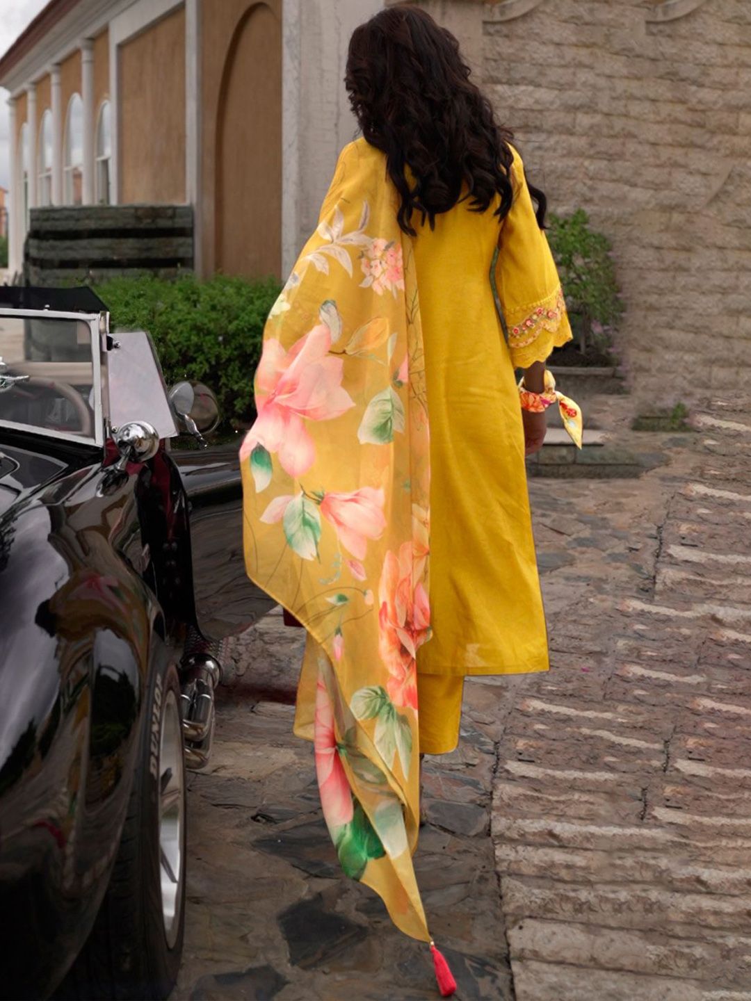 Floral Embroidered Thread Work Kurta With Trousers & Dupatta