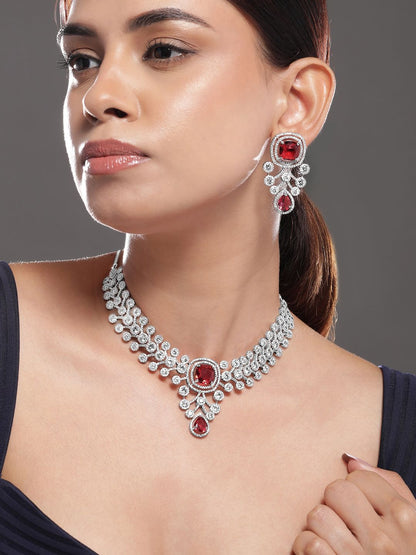 Dhiyona RJ Women's Silver-Plated Ruby Red & White Cubic Zirconia Studded Premium Jewellery Se