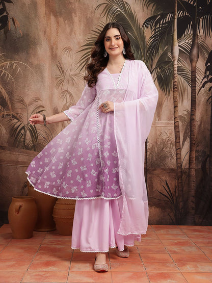 Dhiyona SN Women's Floral Printed Semi Sheer Panelled Kurta with Sharara & Dupatta
