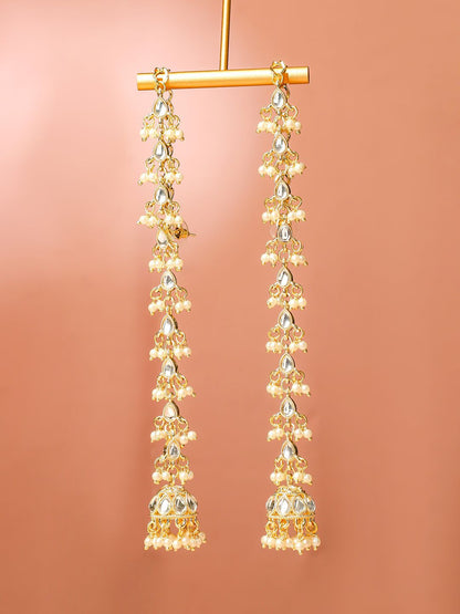 Dhiyona RJ Women's 18K Gold-Plated White Kundan & Glossy Pearl Beaded Long Jhumka Earring Extension