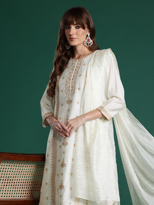 Ethnic Motifs Embroidered Panelled Sequinned Kurta with Trousers & With Dupatta