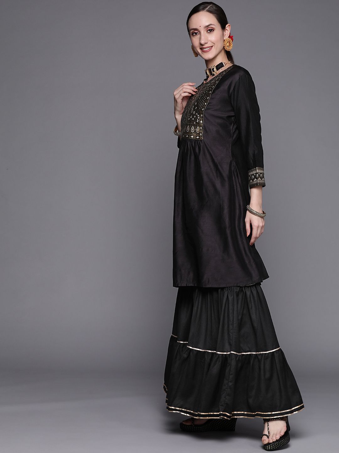 Dhiyona IE Women Black Ethnic Motifs Yoke Design Kurta with Sharara & Dupatta