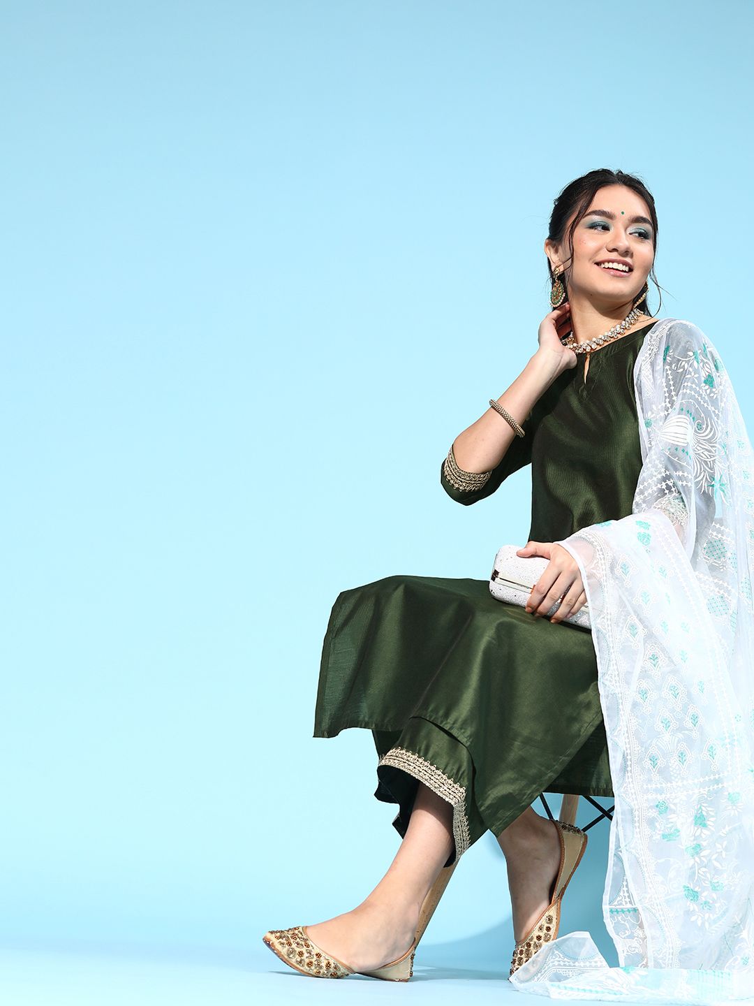 Women Green Embroidered Regular Sequinned Liva Kurta with Palazzos & With Dupatta