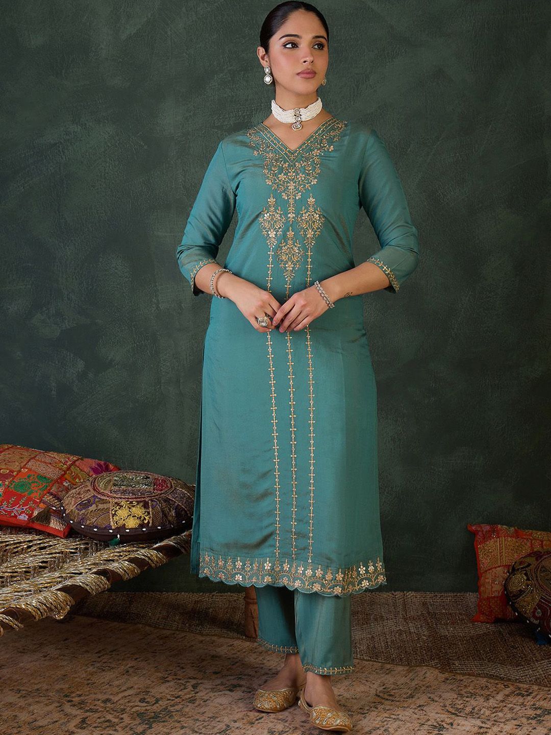 Dhiyona IE Women Ethnic Motifs Embroidered Regular Zari Kurta with Trousers & Dupatta