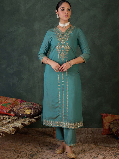 Dhiyona IE Women Ethnic Motifs Embroidered Regular Zari Kurta with Trousers & Dupatta