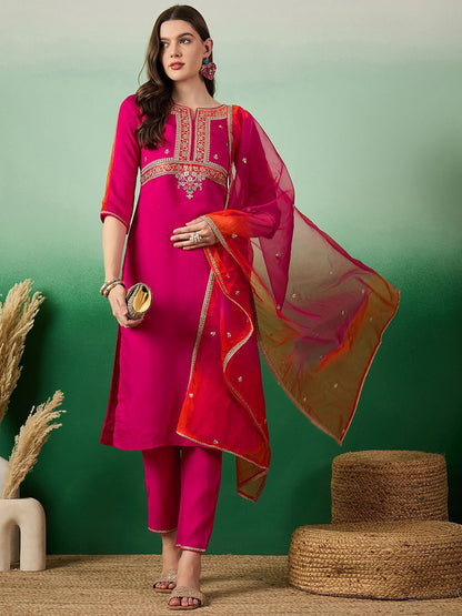 Dhiyona SN Women's Notch Neck Embroidered Straight Kurta With Trouser & Dupatta Set