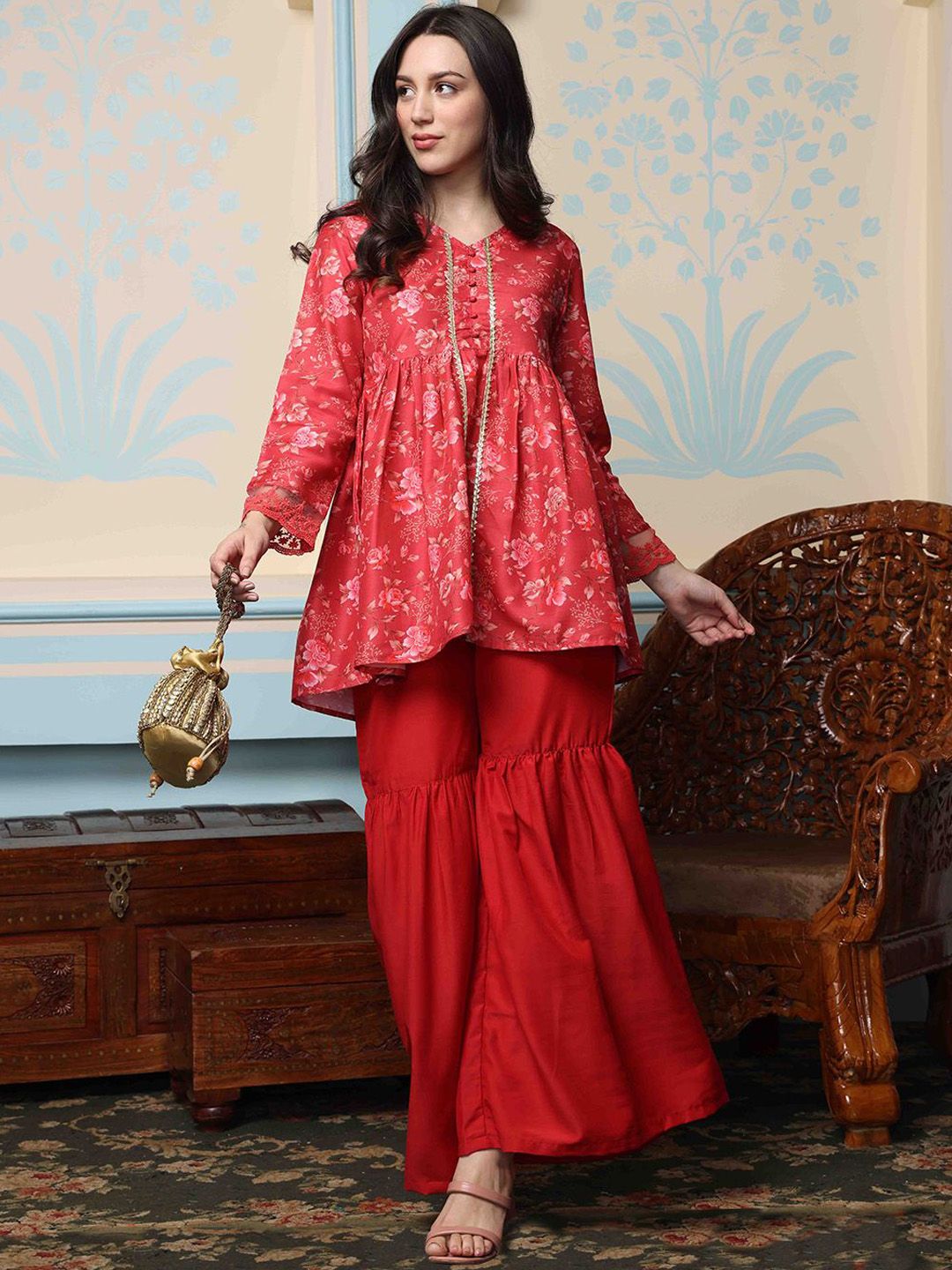 Dhiyona IS Women's Maroon Floral Printed V-Neck Gotta Patti A-Line Kurti With Sharara
